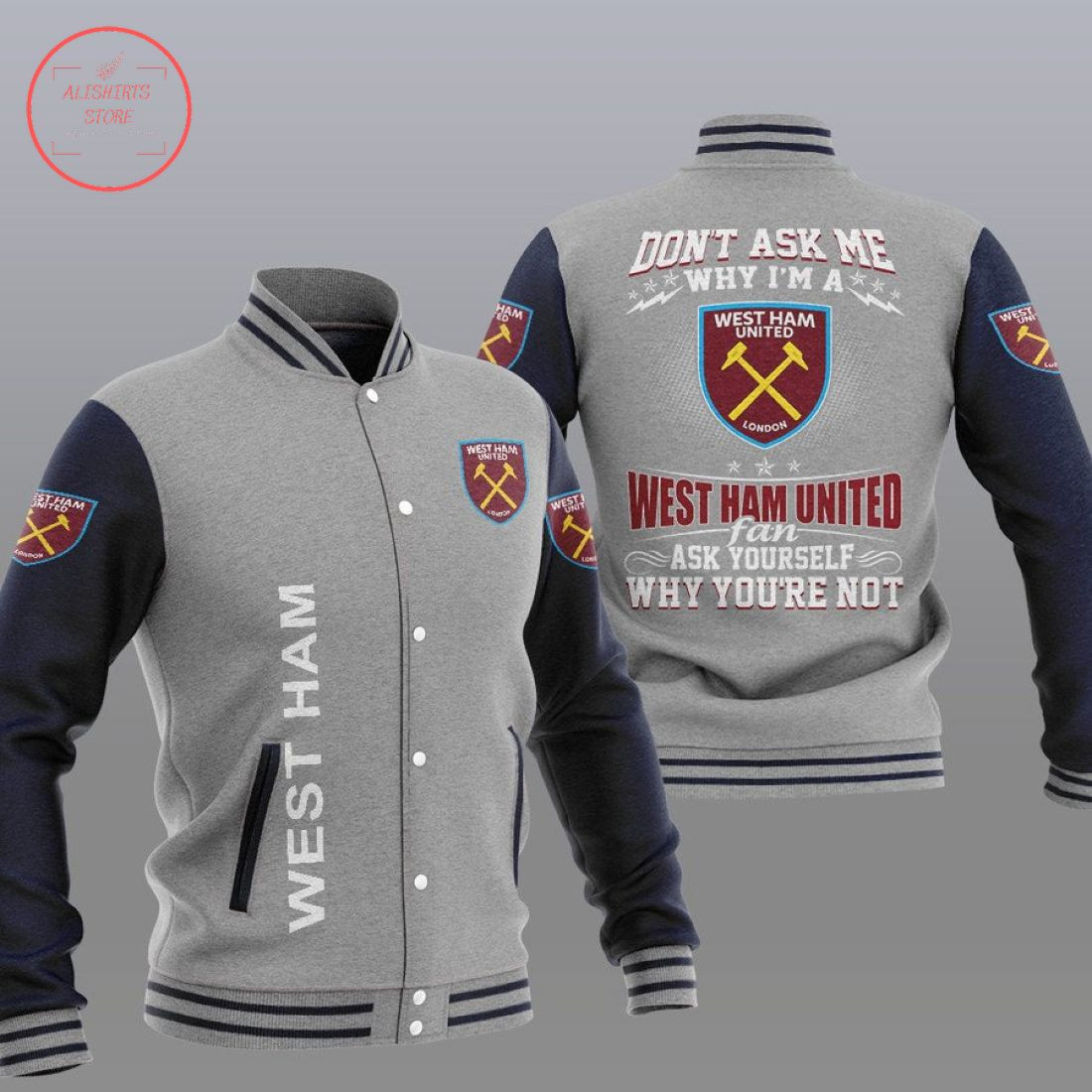 West Ham United FC Grey Black Why Not Baseball Jacket