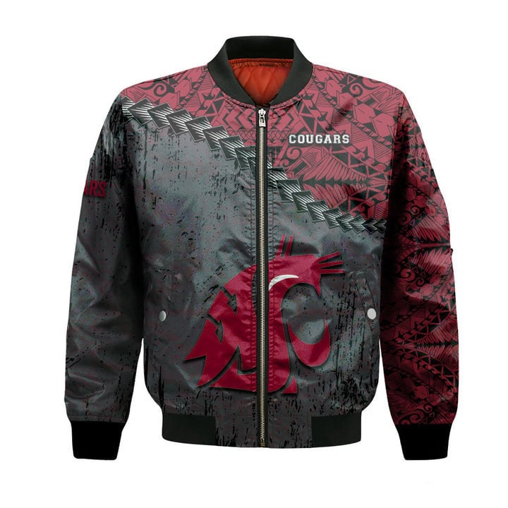 Washington State Cougars Red Grey Grunge Polynesian Tatto Bomber Jacket