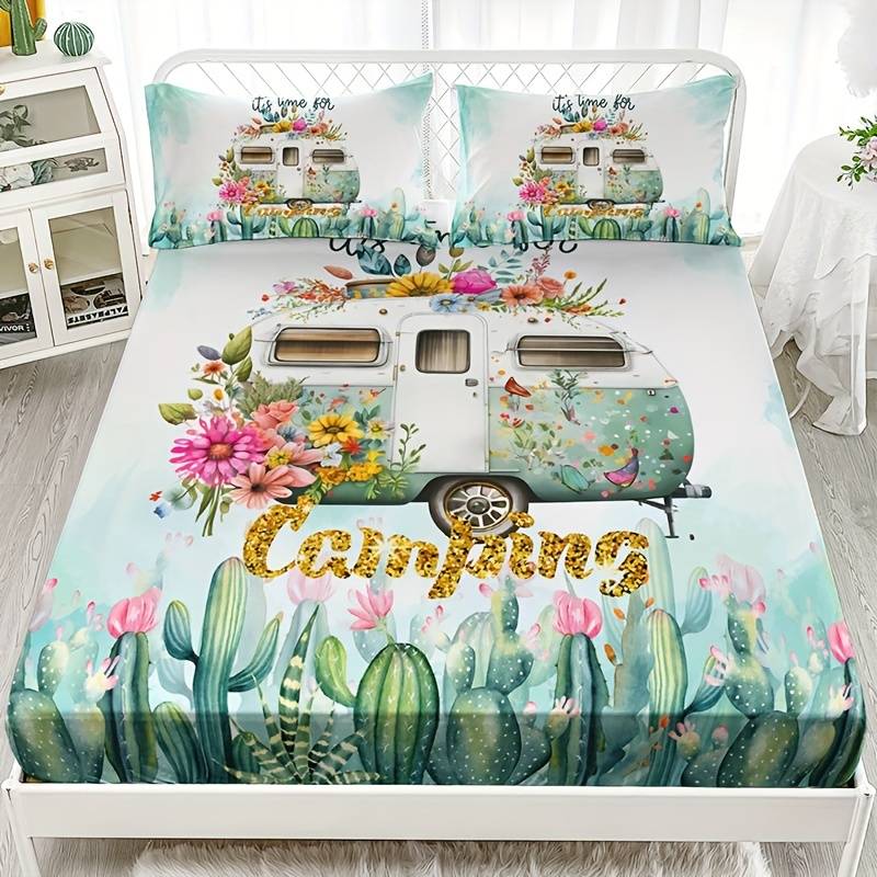Camping Bedding Set It’s Time For Camping Cactus Pattern Duvet Covers White