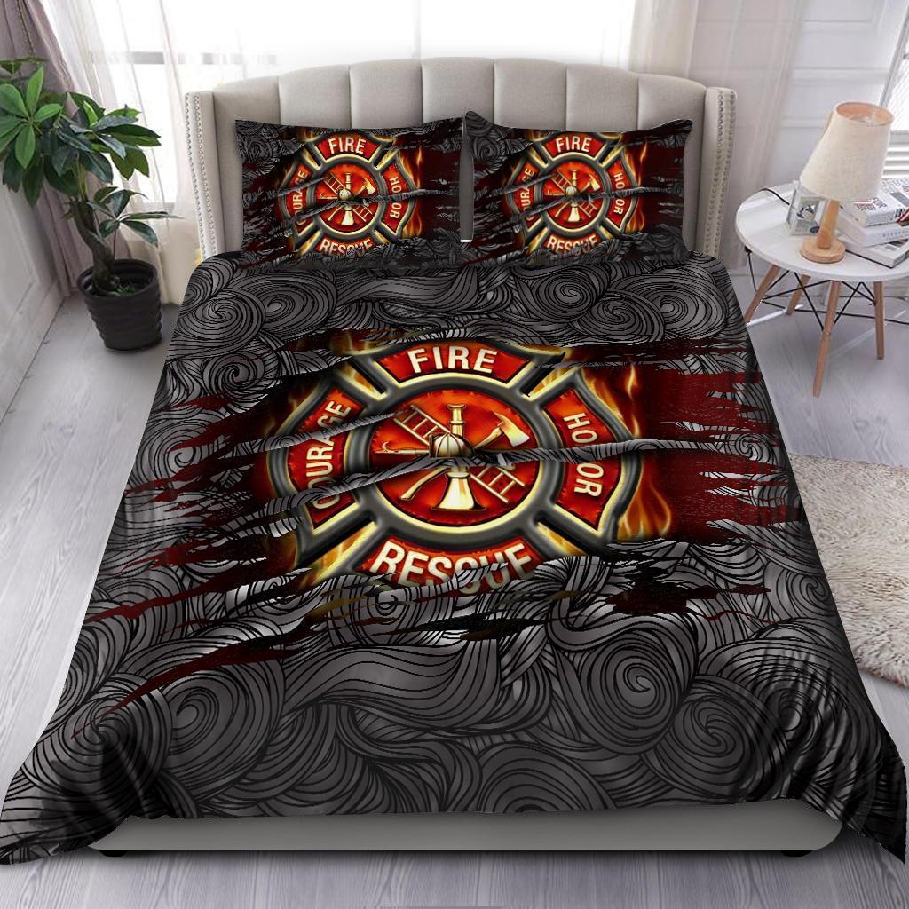 Firefighter Bedding Set Firefighter Symbol Wave Pattern Duvet Covers