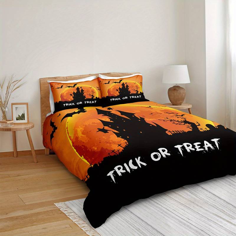 Halloween Bedding Set Ghost Castle Trick Or Treat Duvet Covers Orange