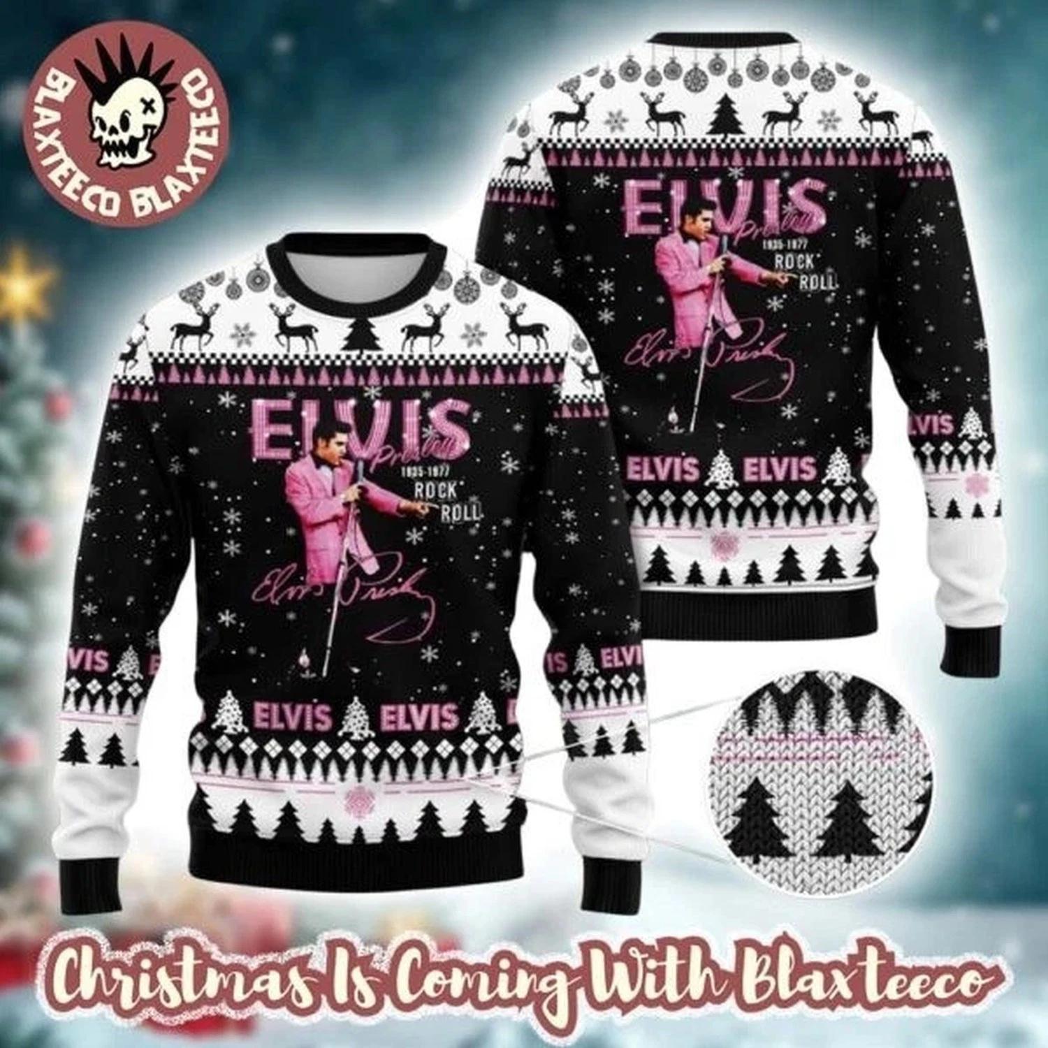 Elvis Presley 1935 1977 Rock And Roll Signature Knitted Ugly Christmas Sweater