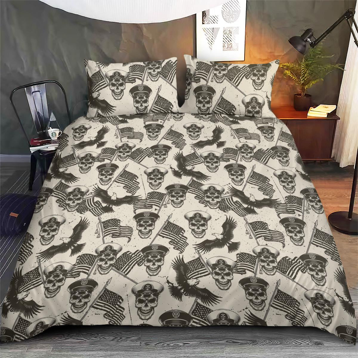 Veteran Bedding Set Military Skull And Flag Pattern Vintage Duvet Covers