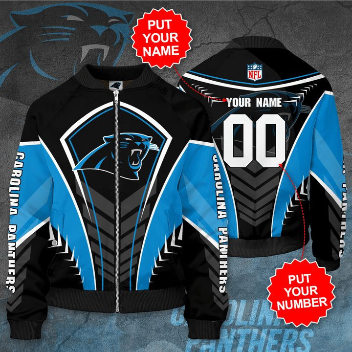 Carolina Panthers Custom Name Black Blue Bomber Jacket V3