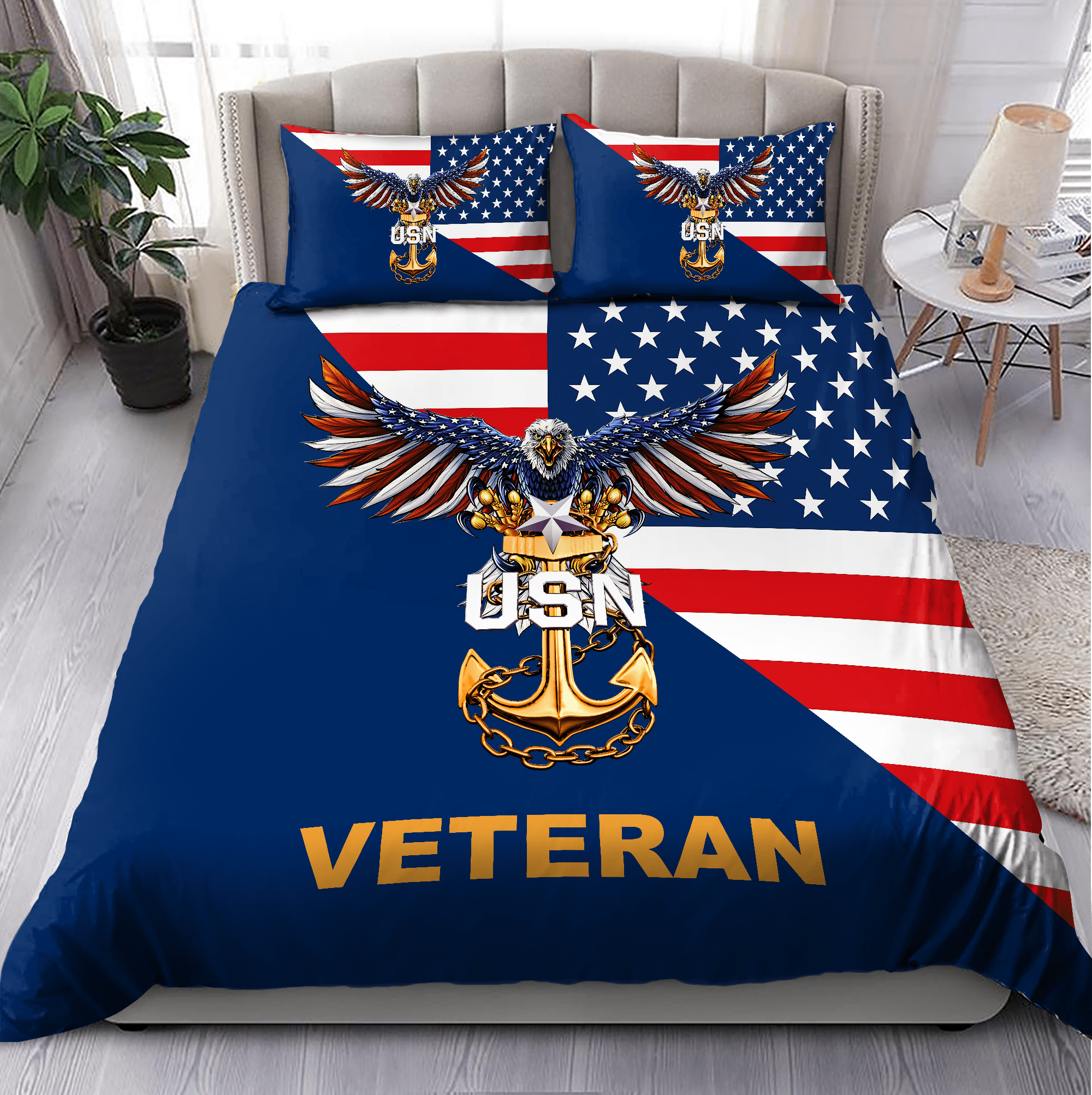 Veteran Bedding Set USN Veteran Symbol American Flag Duvet Covers