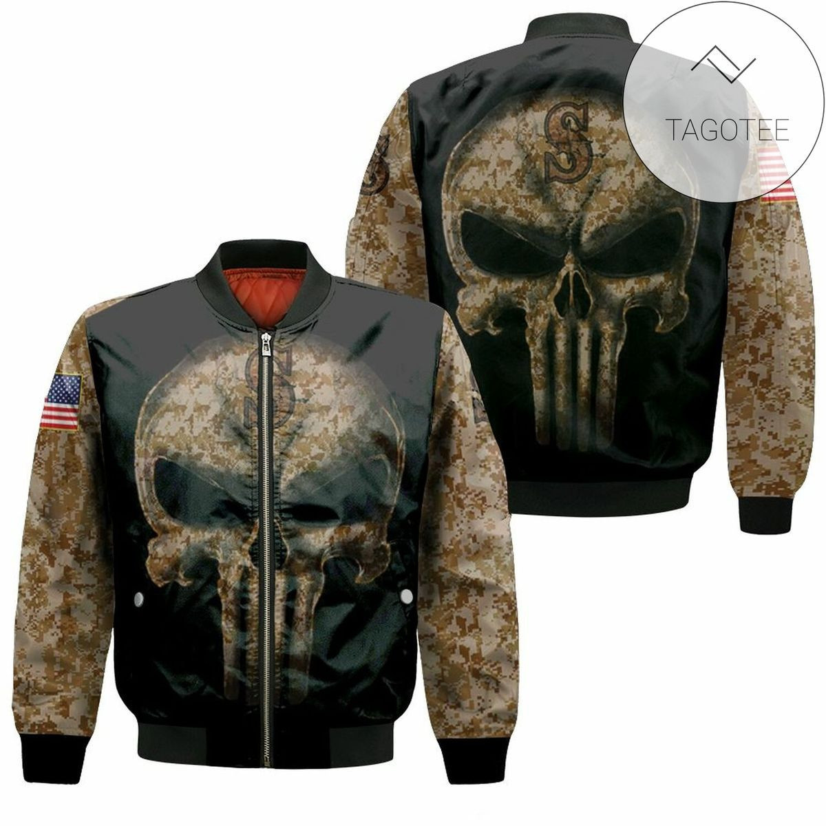 Seattle Mariners Camouflage Skull American Flag Bomber Jacket