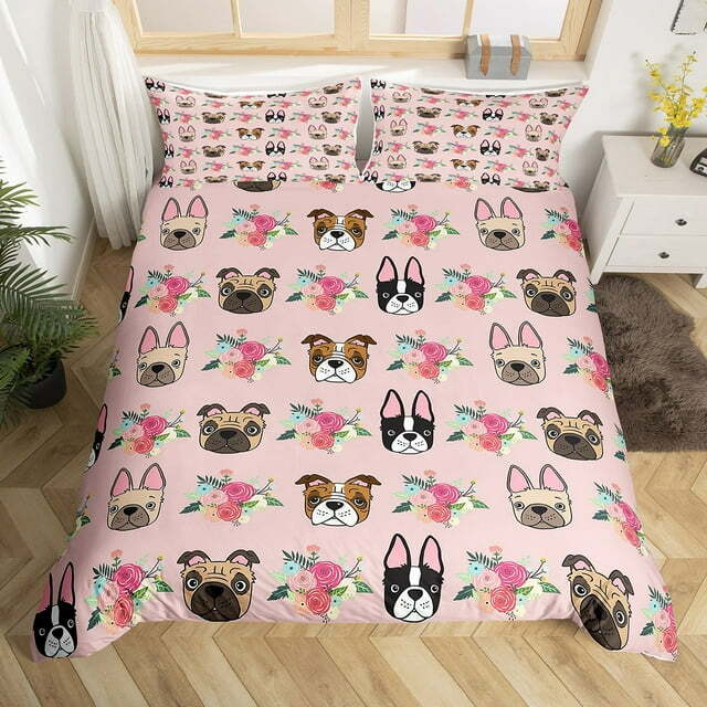 Dog Bedding Set Puppy Bulldog And Flower Pattern Duvet Covers