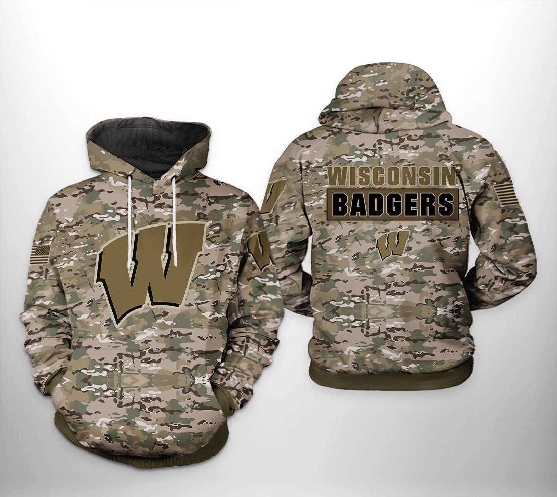Wisconsin Badgers Camo Veteran 3D All Over Print Hoodie & Zip Hoodie
