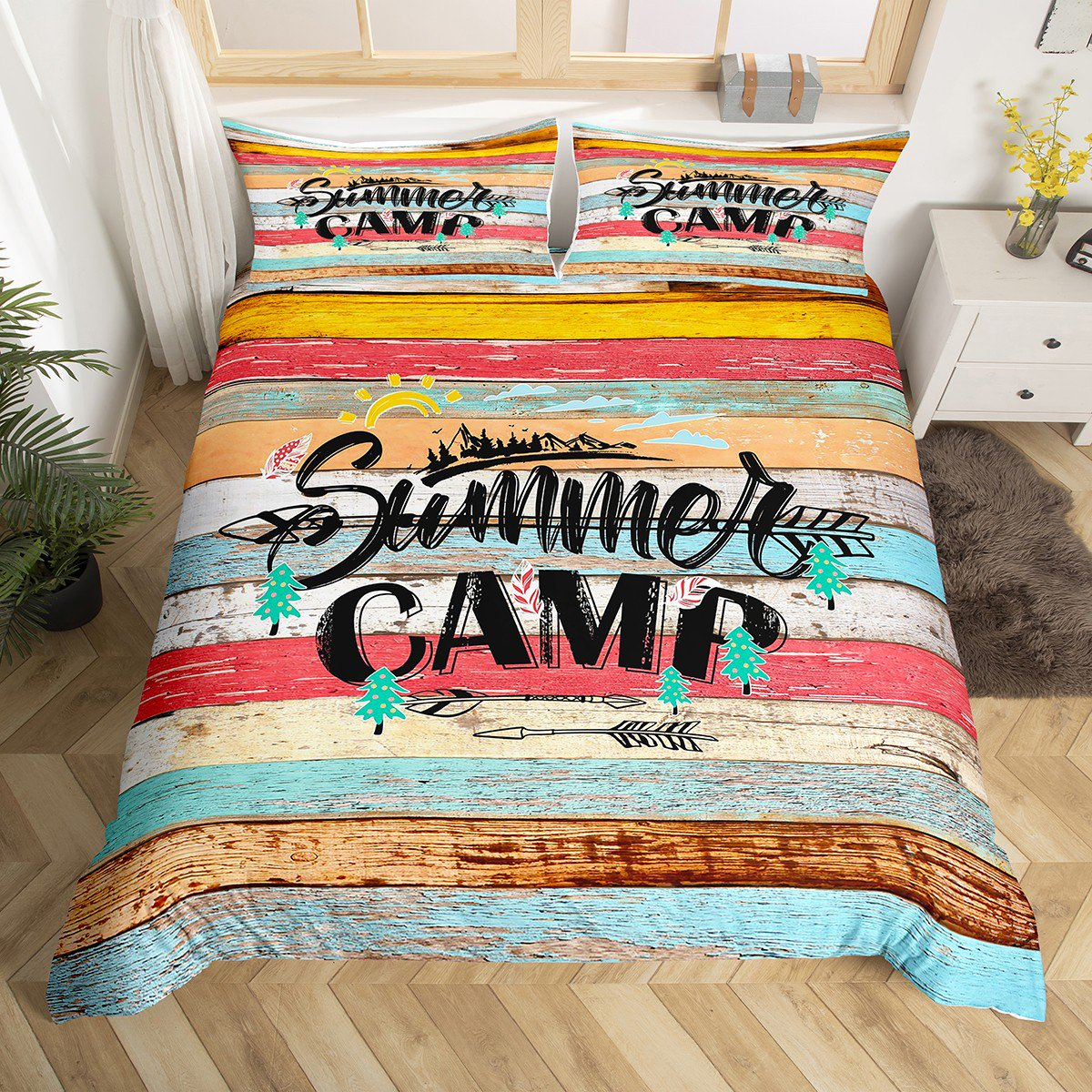 Camping Bedding Set Summer Camp Retro Rustic Wooden Duvet Covers