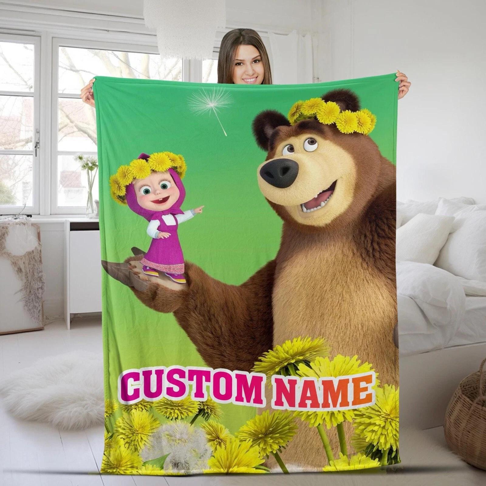 Custom Name Marsha And Bear Blanket Marsha Bear Cartoon Velvet Fleece Sherpa Blanket