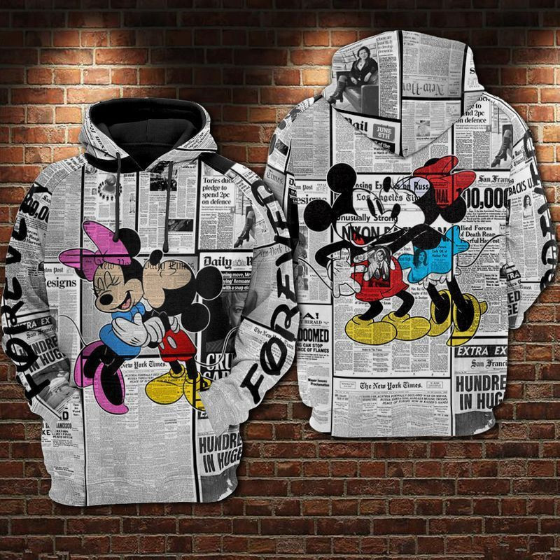 Newspaper Mickey And Minnie Over Print 3d Hoodie Zip Hoodie