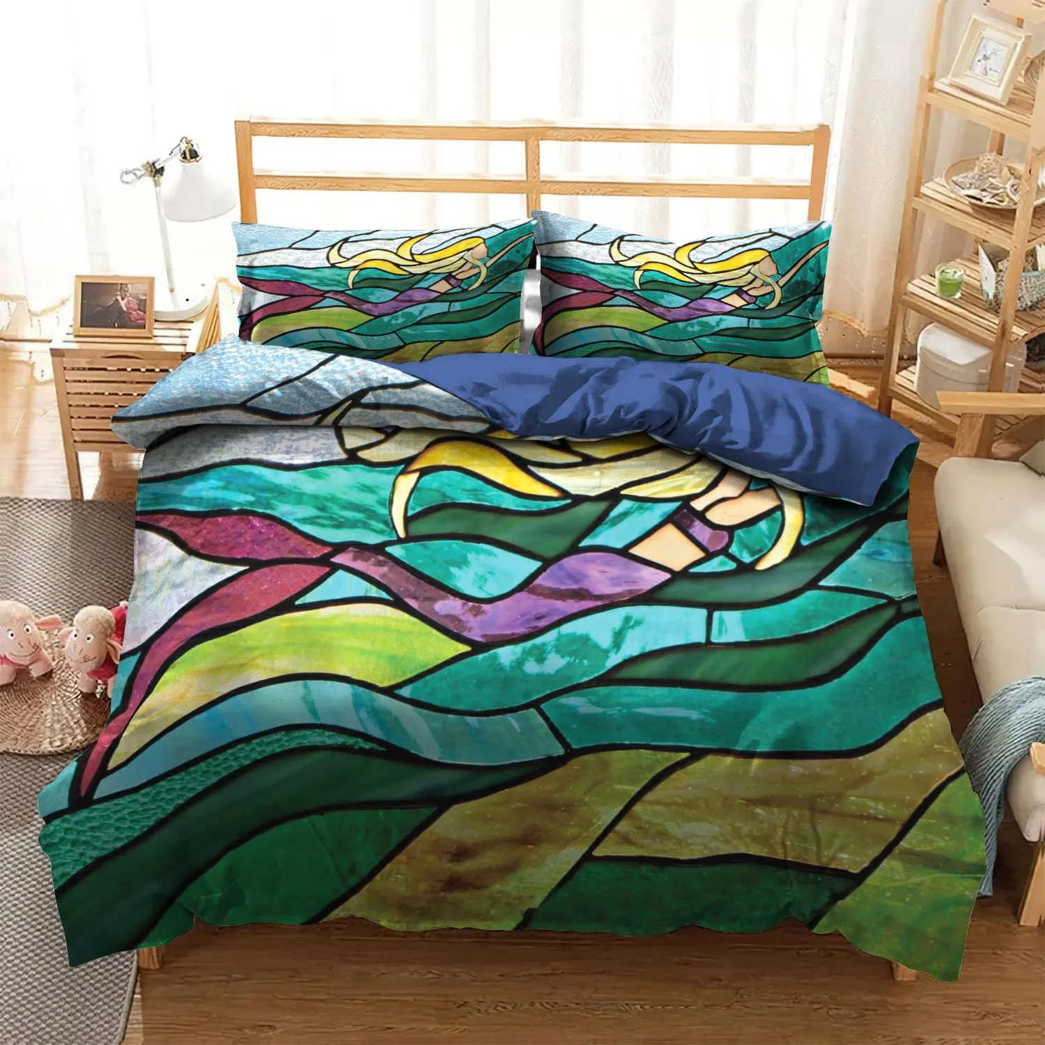 Mermaid Bedding Set Swimming Mermaid In Stained Glass Duvet Covers