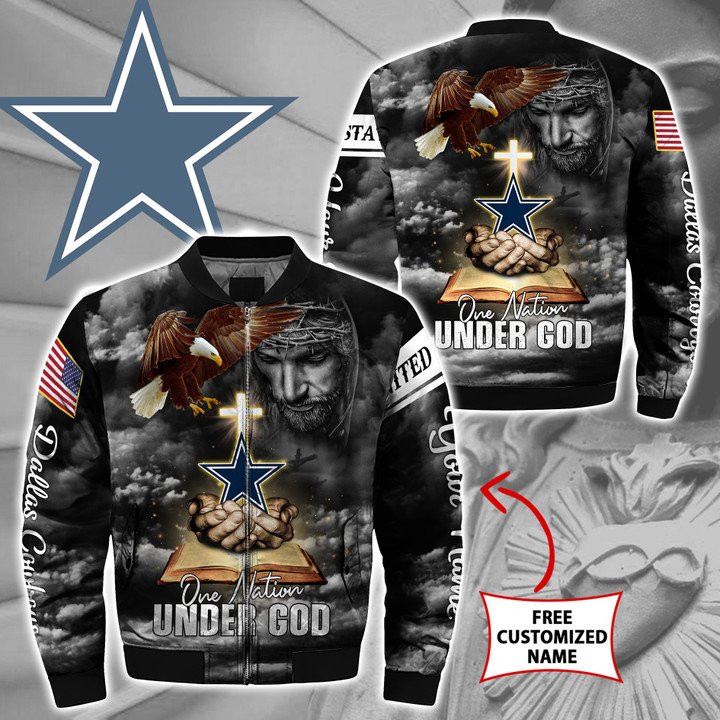 Cowboys Custom Name One Nation Under God Bomber Jacket V3
