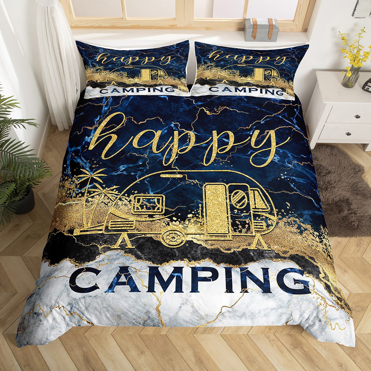 Camping Bedding Set Happy Camping Marble Pattern Duvet Covers Blue