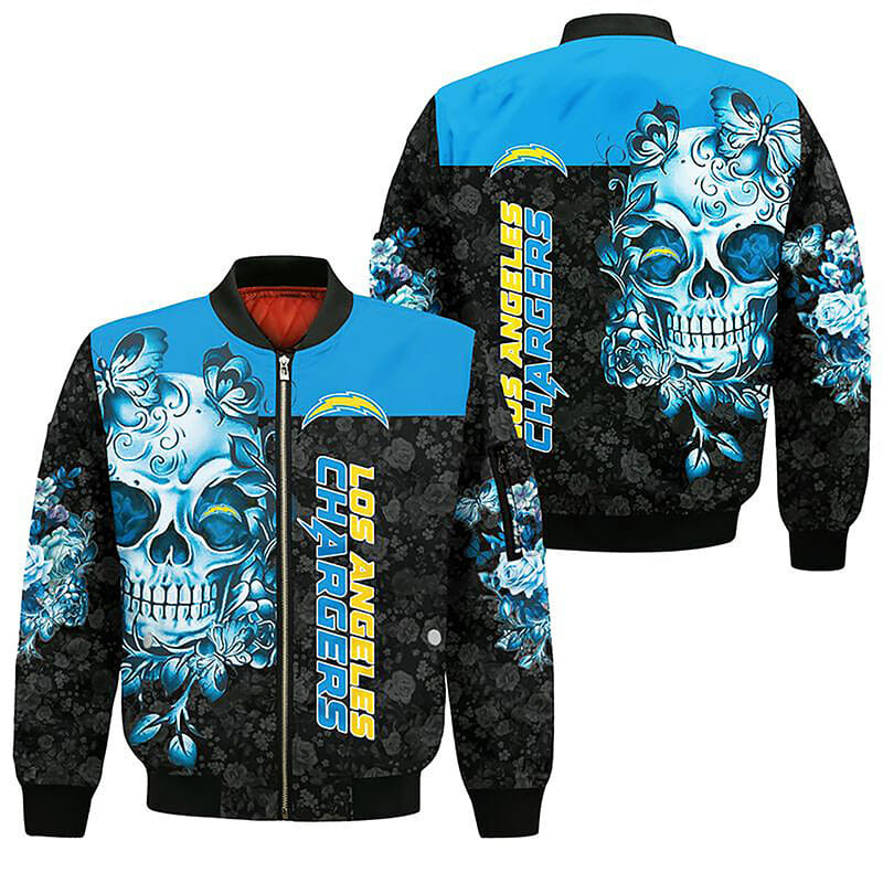 Los Angeles Chargers Black Blue Skull Bomber Jacket V9
