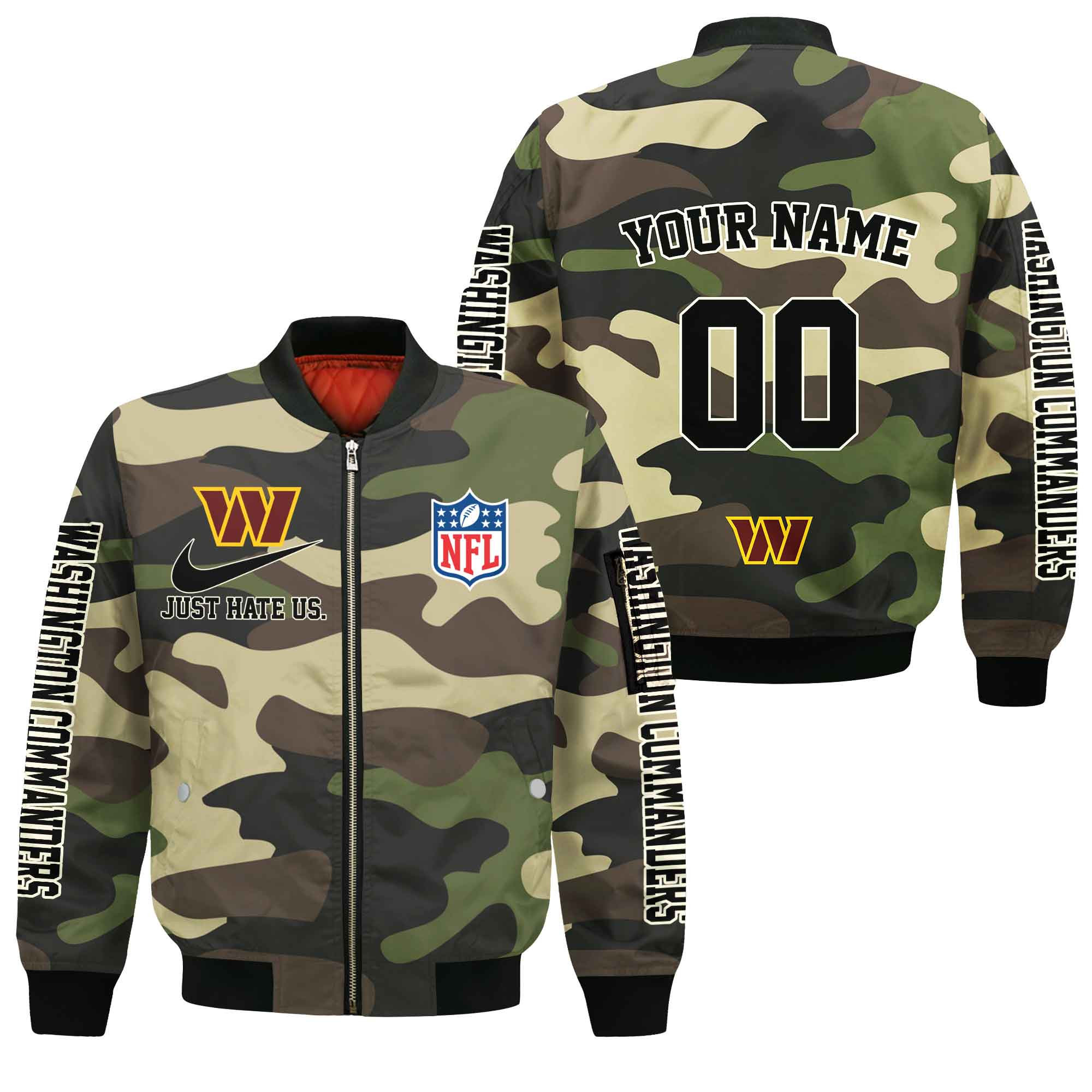 Washington Commanders Custom Name Number Camo Style Bomber Jacket