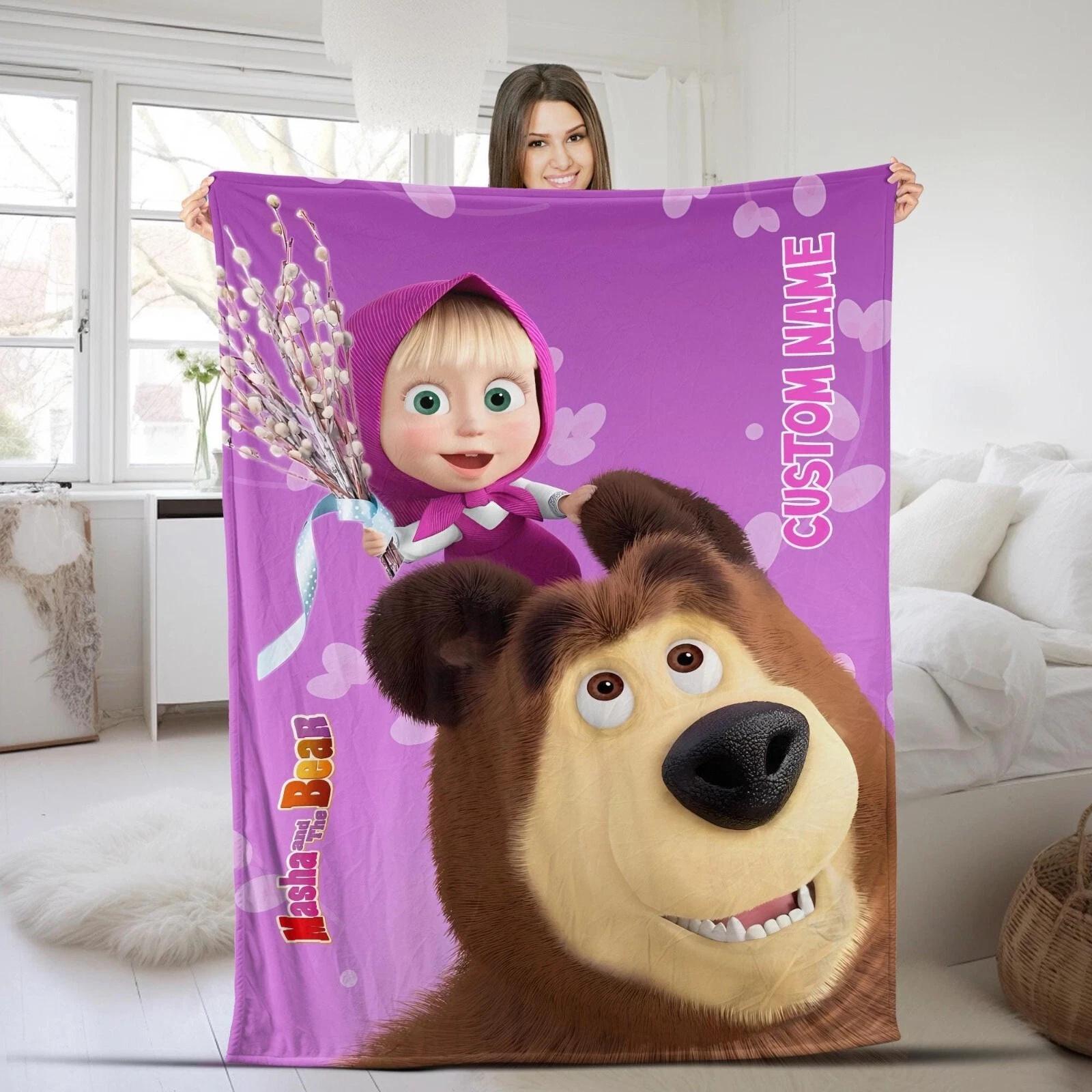 Custom Name Marsha And Bear Blanket Marsha Bear Cartoon Velvet Fleece Sherpa Blanket