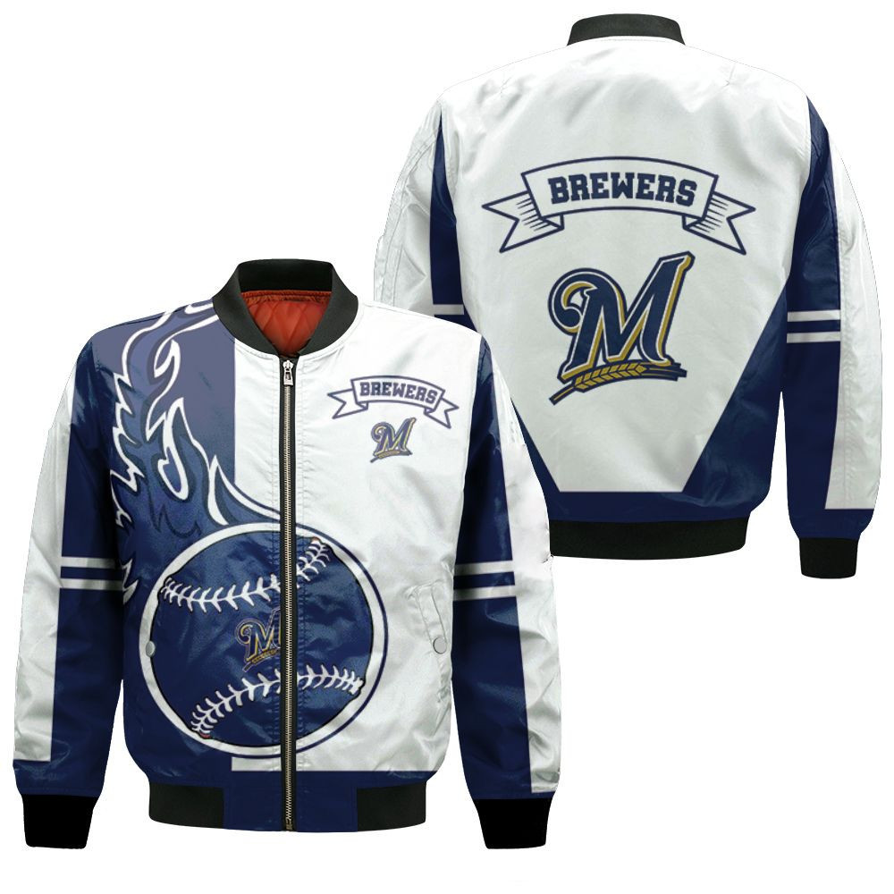 Milwaukee Brewers White Navy Blue Bomber Jacket