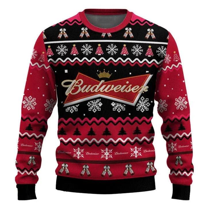 Personalized Budweiser Pine Tree Snowing Ugly Christmas Sweater