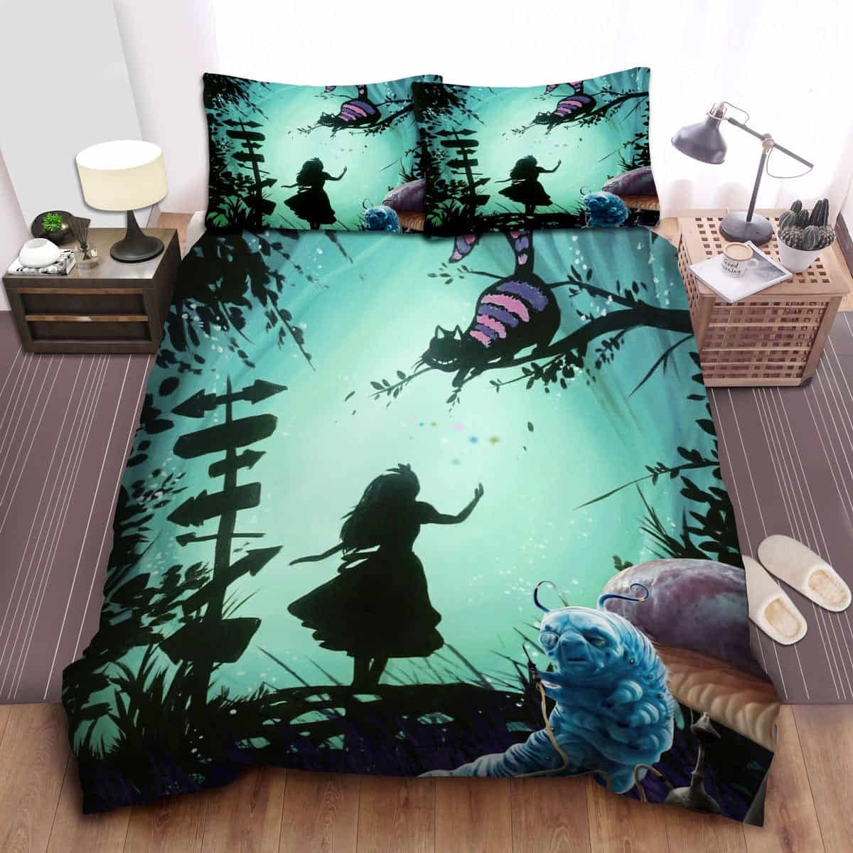 Alice In Wonderland Bedding Set Alice Silhouette Cheshire Cat And Blue Caterpillar Duvet Covers