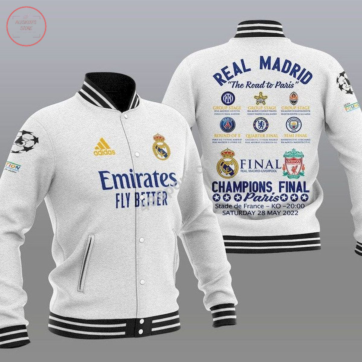 Real Madrid White The Champions Final Paris Baseball Jacket