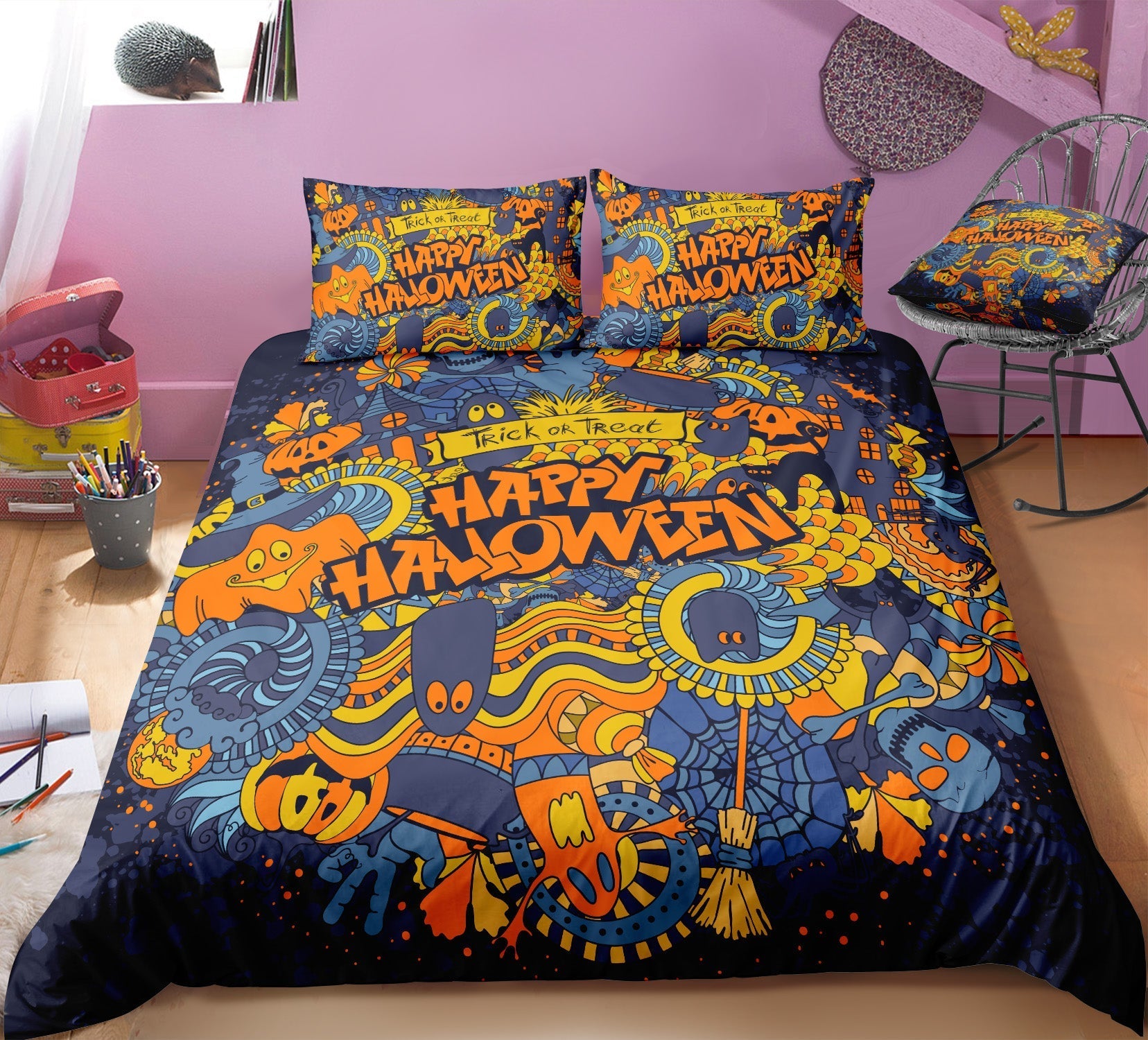 Halloween Bedding Set Happy Halloween Trick Or Treat Doodle Pattern Duvet Covers