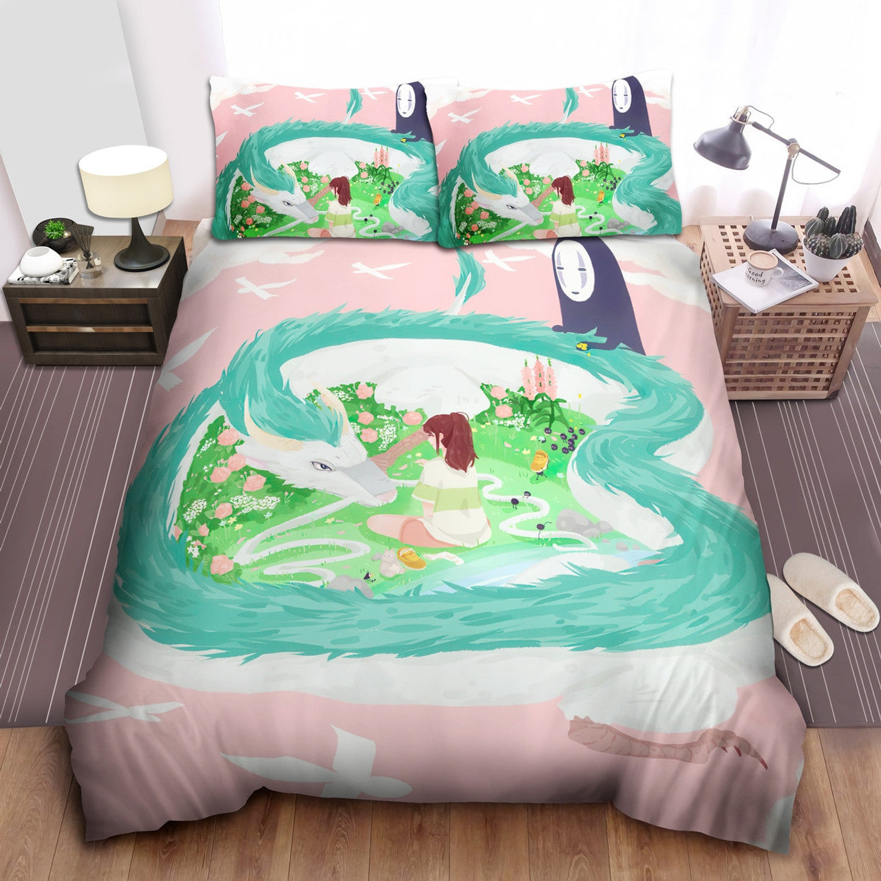 SGhibli Bedding Set Haku Chihiro And No-Face In The Spirit Realm Duvet Covers