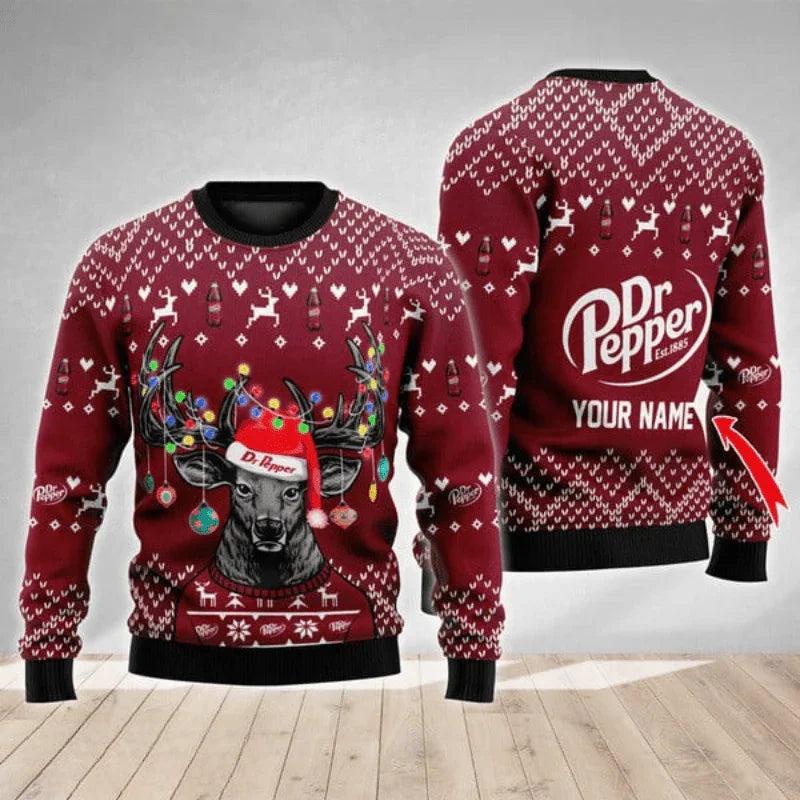 Personalized Dr Pepper Christmas Reindeer String Lights Ugly Christmas Sweater