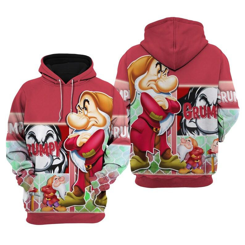 Red Grumpy Dwarf, Snow White And Seven The Dwarfs Cartoon All Over Print Hoodie, Zip Hoodie
