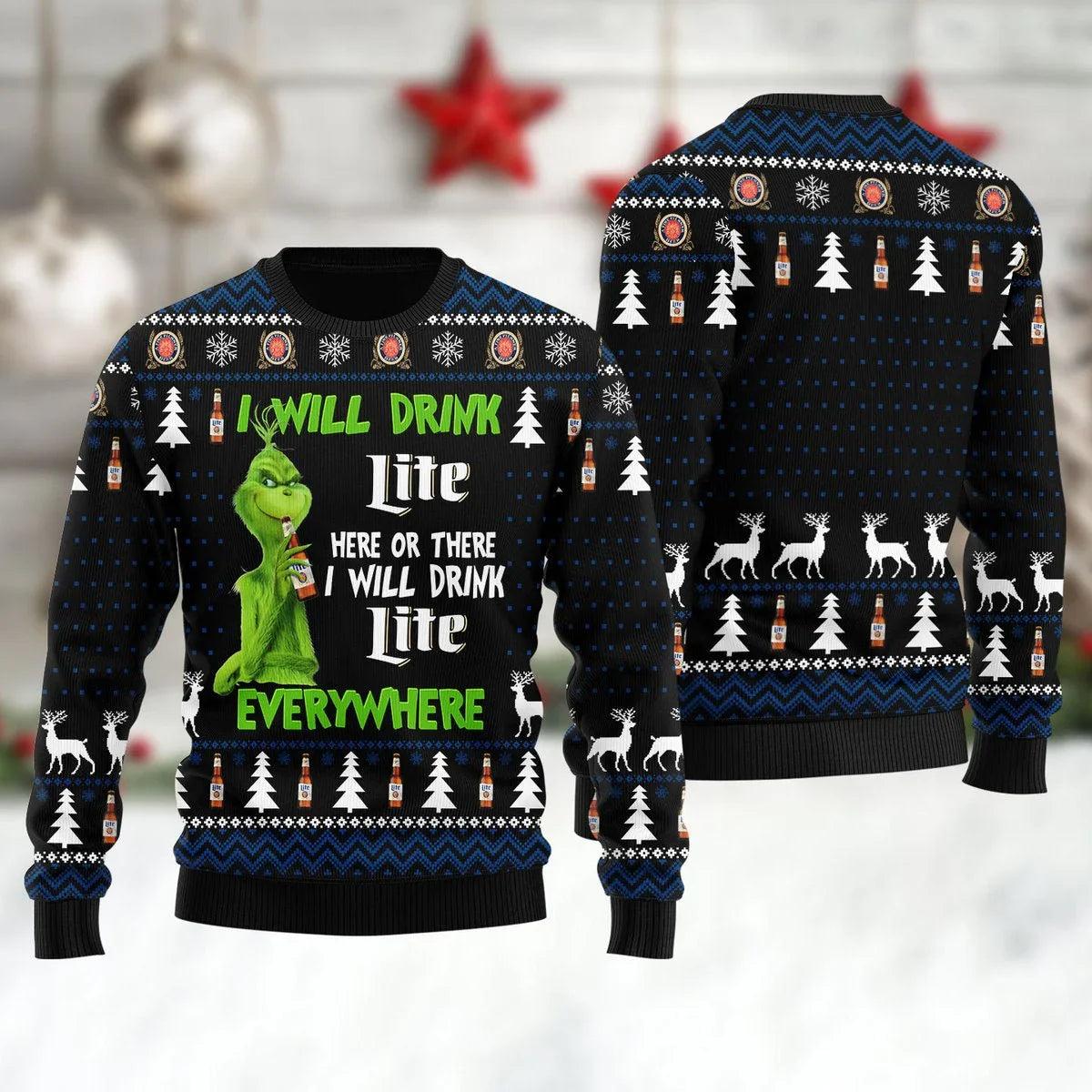 Miller Lite Grinch Will Drink Everywhere Ugly Christmas Sweater