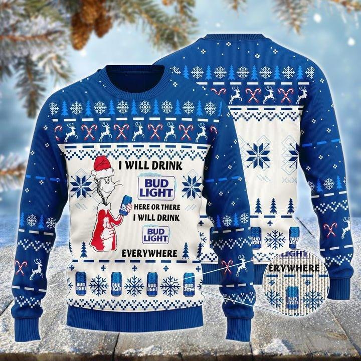 Bud Light Cat Hat Will Drink Everywhere Ugly Christmas Sweater