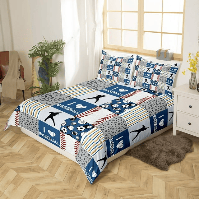 Baseball Bedding Set I Love Baseball Bat Star Pattern Duvet Covers Blue