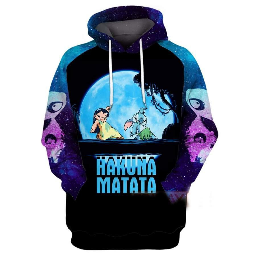 Stitch Fan Gift, Stitch And Lilo Walking In The Moon Hakuna Matata All Over Print Hoodie