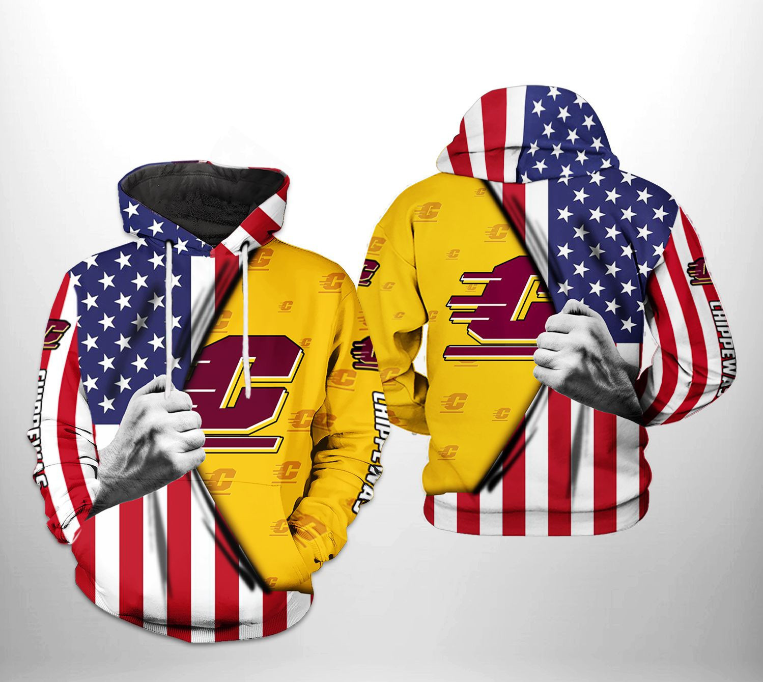Central Michigan Chippewas US FLag 3D All Over Print Hoodie & Zip Hoodie