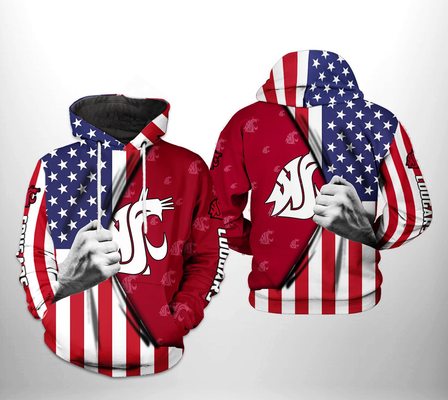 Washington State Cougars US Flag 3D All Over Print Hoodie & Zip Hoodie