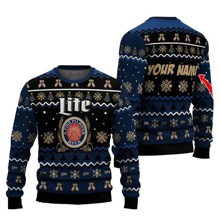Personalized Miller Lite Pine Tree Snowing Ugly Christmas Sweater
