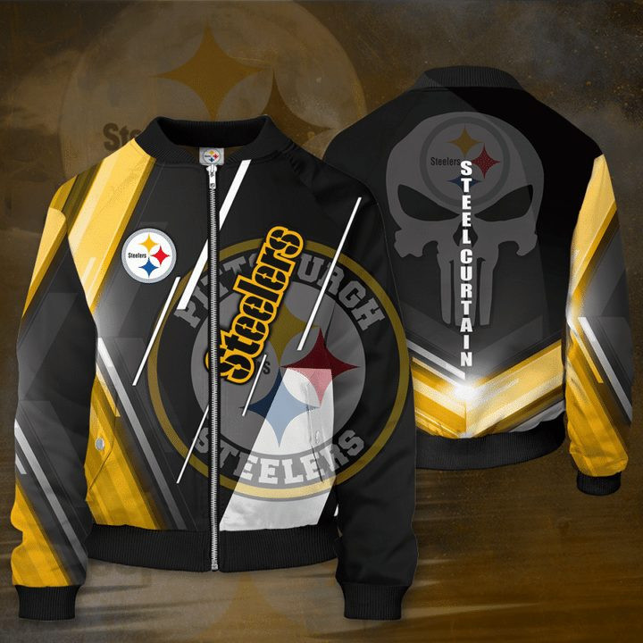 Pittsburgh Steelers White Skull Golden Black Bomber Jacket