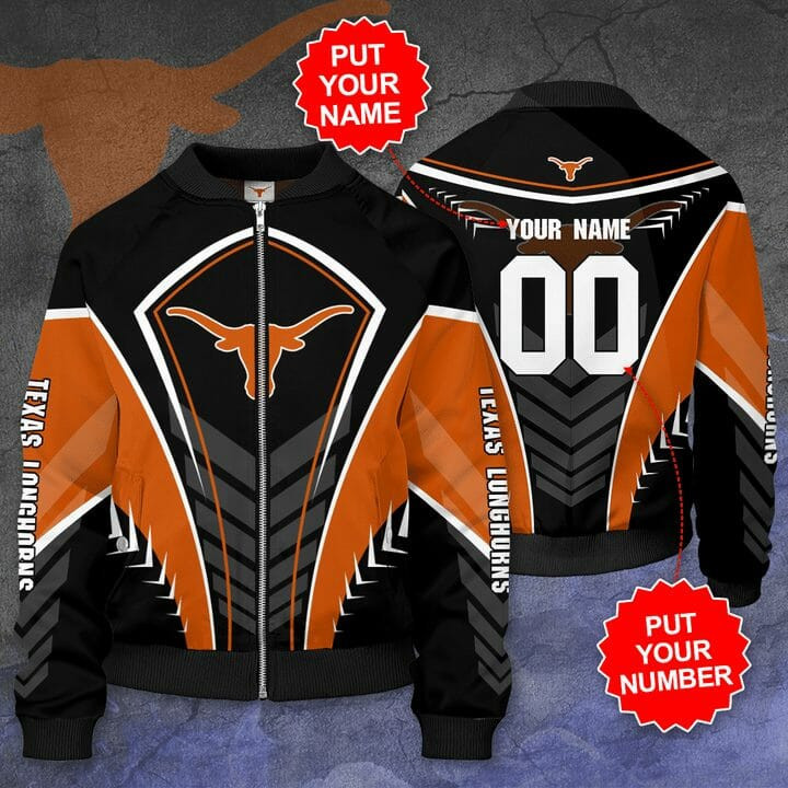 Texas Longhorns Custom Name Number Black Orange Bomber Jacket
