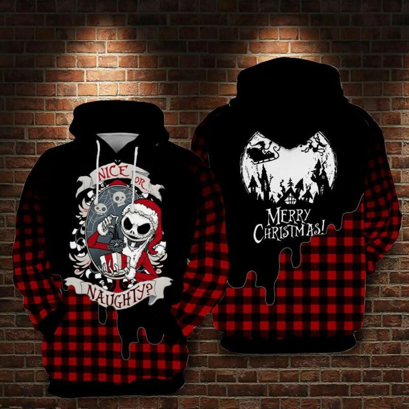 Jack Skellington Nice Or Naughty Merry Christmas Over Print 3d Hoodie Zip Hoodie