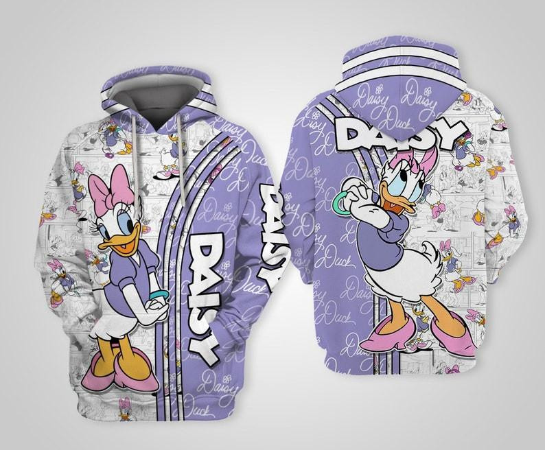 Cute Daisy Duck Cartoon, Daisy Duck Signature, Daisy Comics Book Patterns All Over Print Hoodie, Zip Hoodie