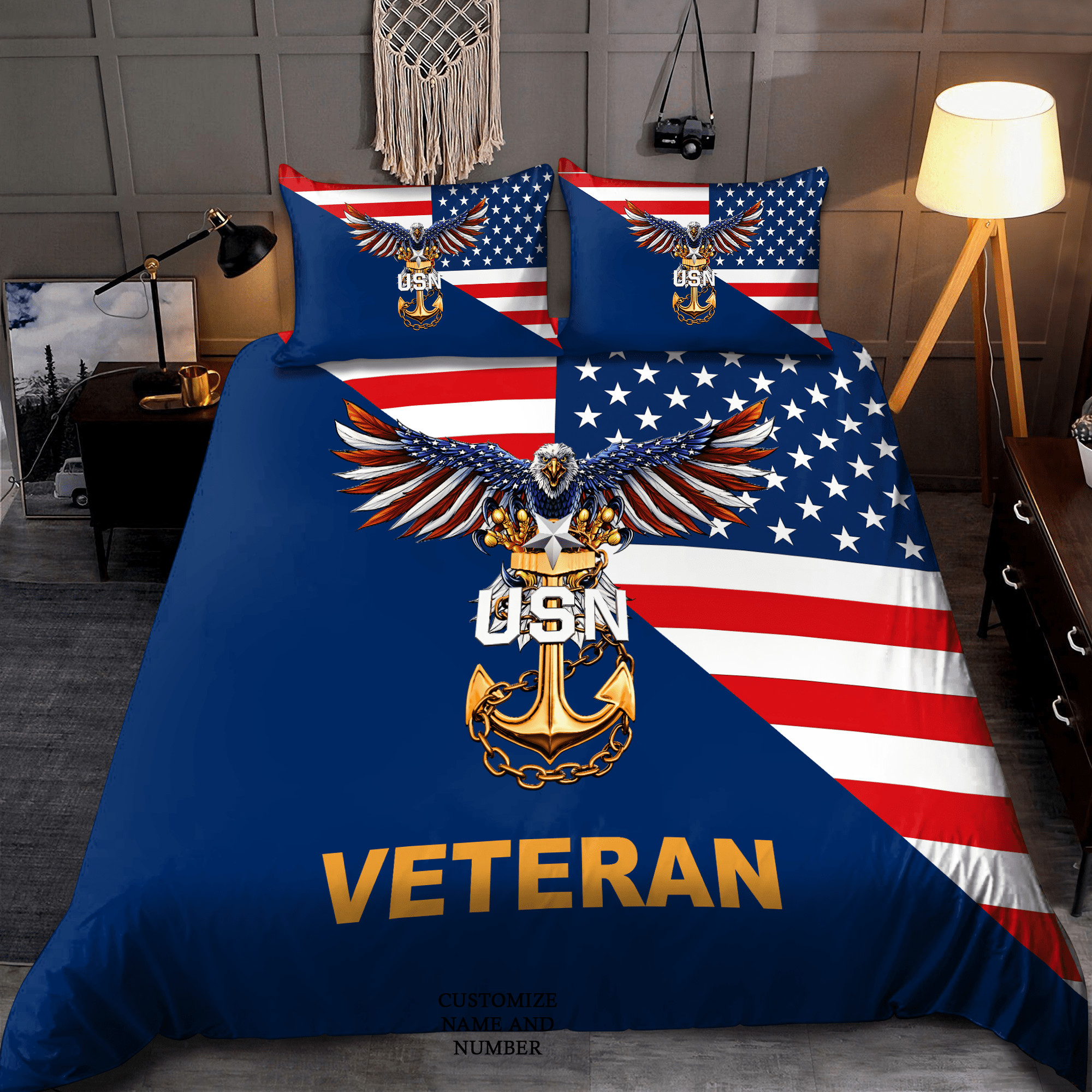 Veteran Bedding Set USN Veteran Symbol American Flag Duvet Covers