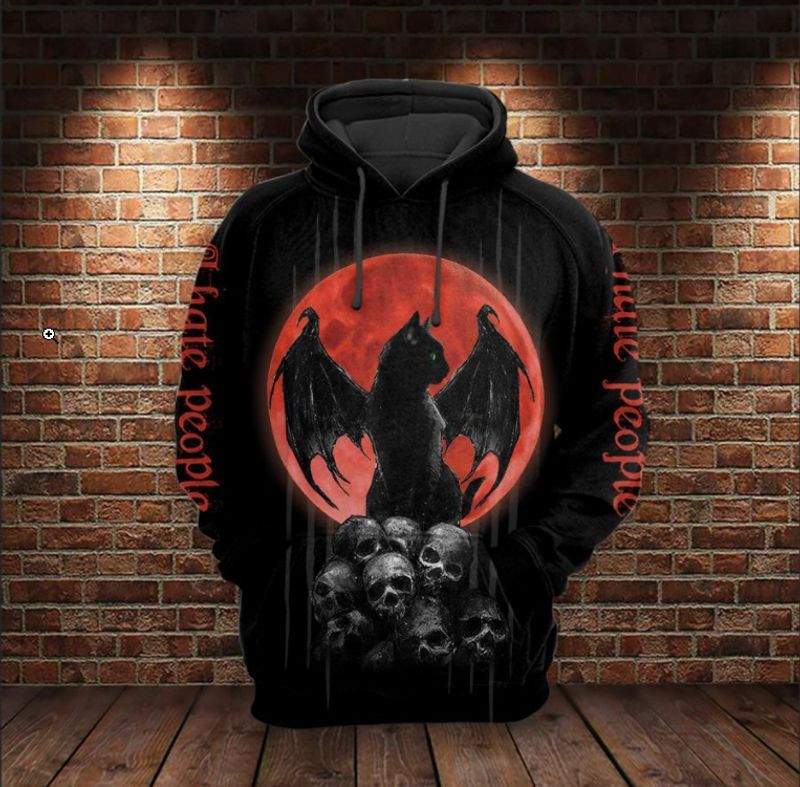 Cat & Skull I Hate People Over Print 3d Hoodie Zip Hoodie