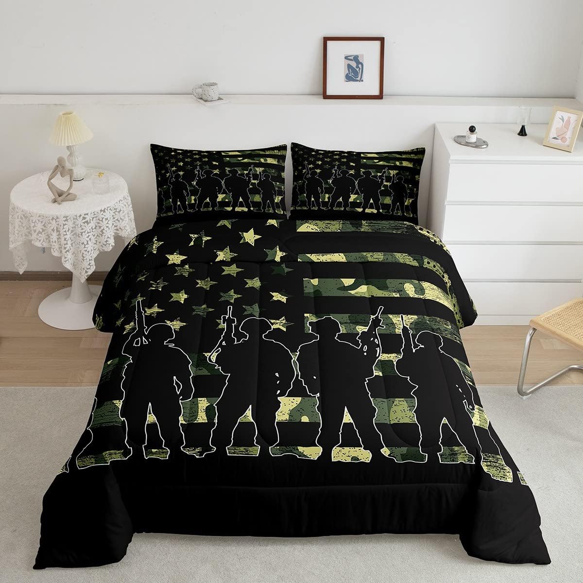 Veteran Bedding Set American Flag Soldiers Silhouette Camoflage Duvet Covers Black