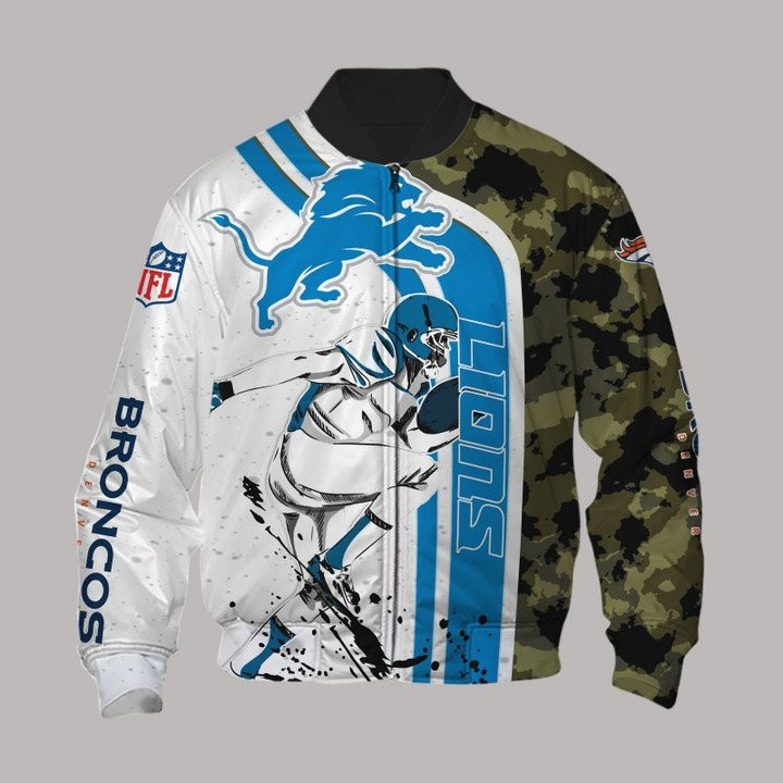 Detroit Lions White Blue Camo Bomber Jacket