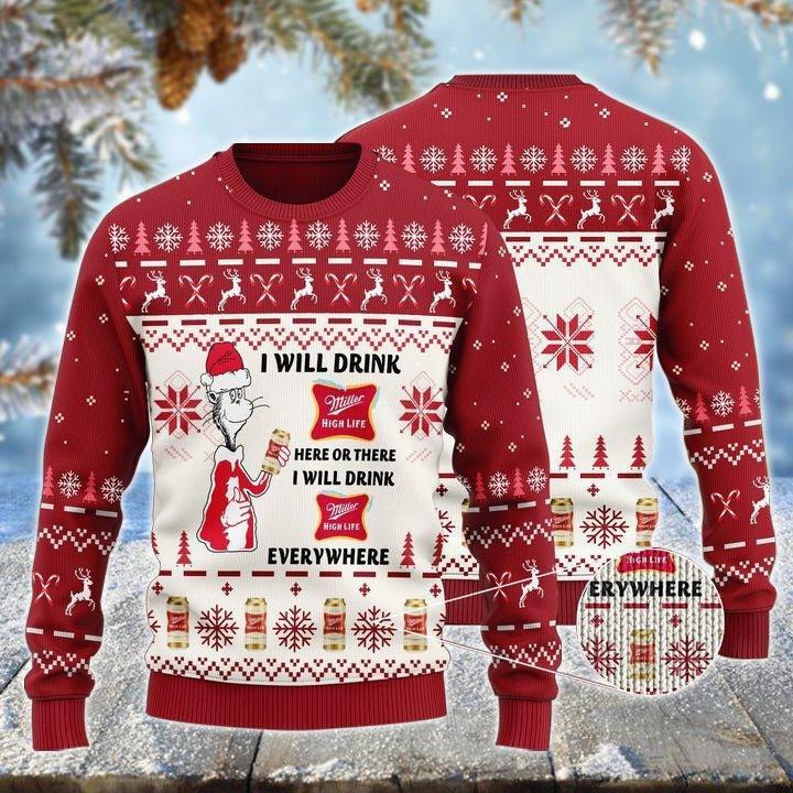 Miller High Life Cat Hat Will Drink Everywhere Ugly Christmas Sweater