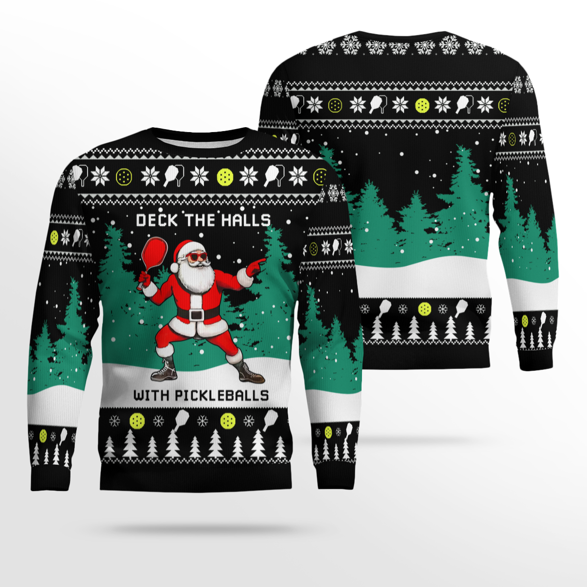 Funny Deck The Hall Pickleball Santa Ugly Christmas Sweater Black