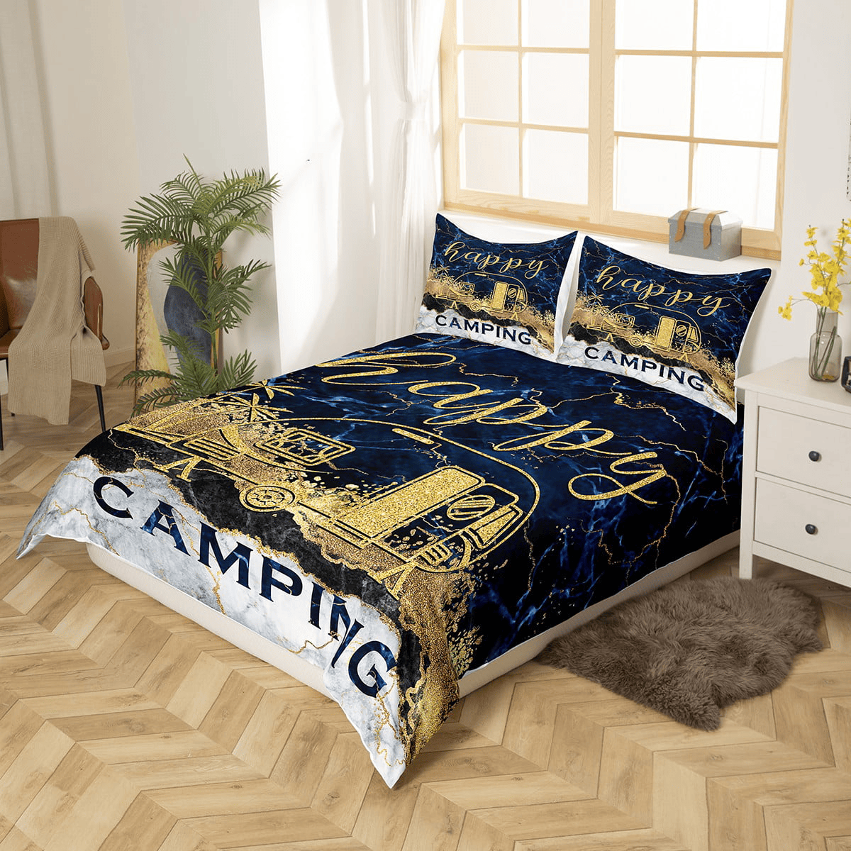 Camping Bedding Set Happy Camping Marble Pattern Duvet Covers Blue