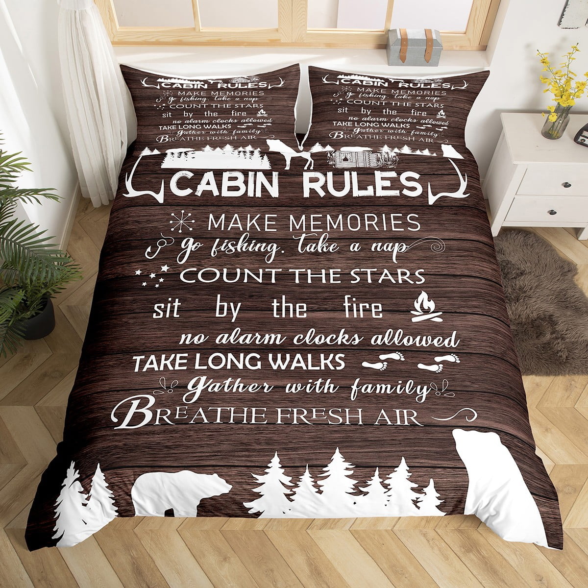 Camping Bedding Set Cabin Rules Make Memories Duvet Covers Brown