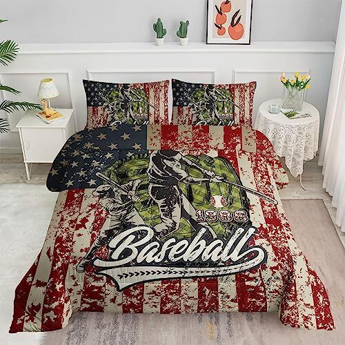 Baseball Bedding Set Baseball 1986 Vintage American Flag Duvet Covers