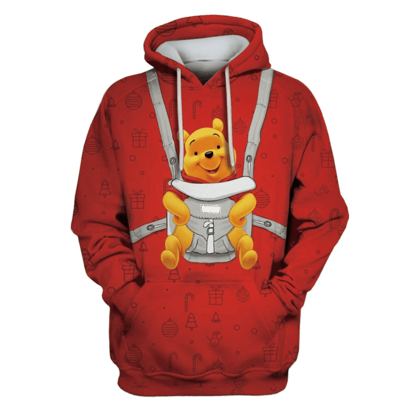 Winnie The Pooh Hoodie Pooh In Baby Carrier Christmas Pattern Red 3d Hoodie Zip Hoodie